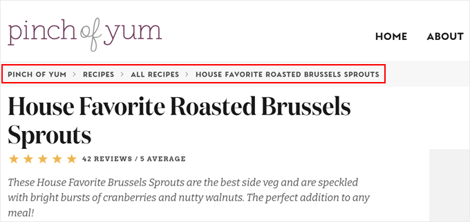 Breadcrumb links in Pinch of Yum website Breadcrumb links in Pinch of Yum website