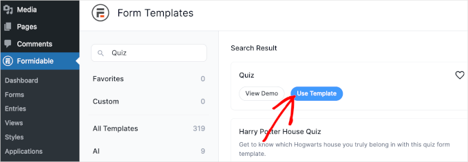 formidableforms-forms-addnew-quiztemplate Formidable Forms' use template button