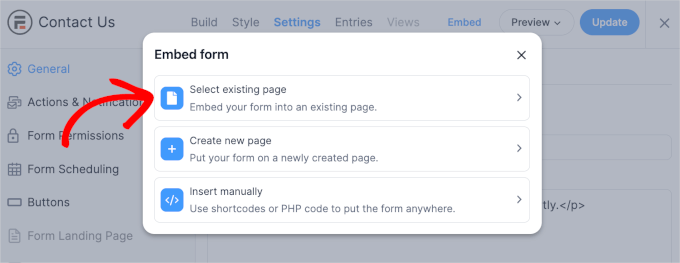 formidableforms-forms-myforms-contactus-settings-embed-existingpage Select existing page option for embedding a Formidable Forms' contact form