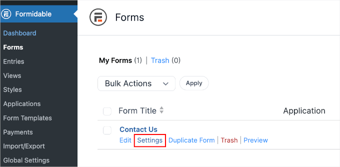 formidableforms-forms-myforms-contactus-settingsbutton Contact Us' settings button