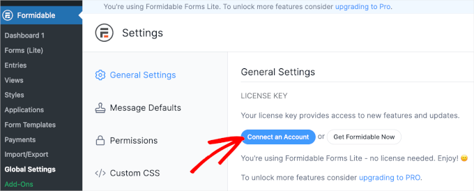 formidableforms-generalsettings-connectanaccount Connect an account button on Formidable Forms' general settings