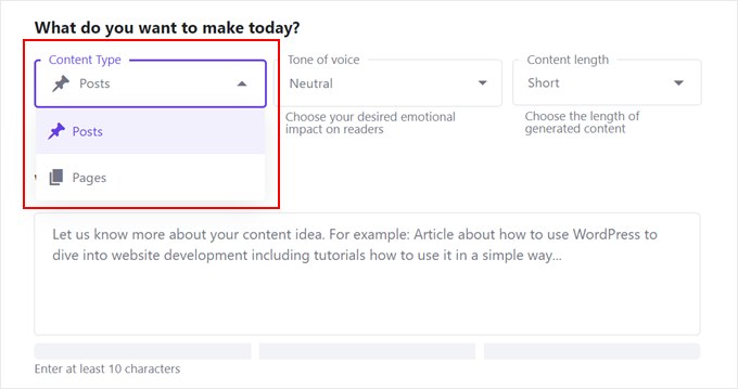 Elegir un tipo de contenido para generar con el Asistente de IA de Hostinger para WordPress Elegir un tipo de contenido para generar con el Asistente de IA de Hostinger para WordPress