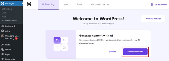 Generar contenido de texto con IA en el Asistente de IA de Hostinger para WordPress Generar contenido de texto con IA en el Asistente de IA de Hostinger para WordPress