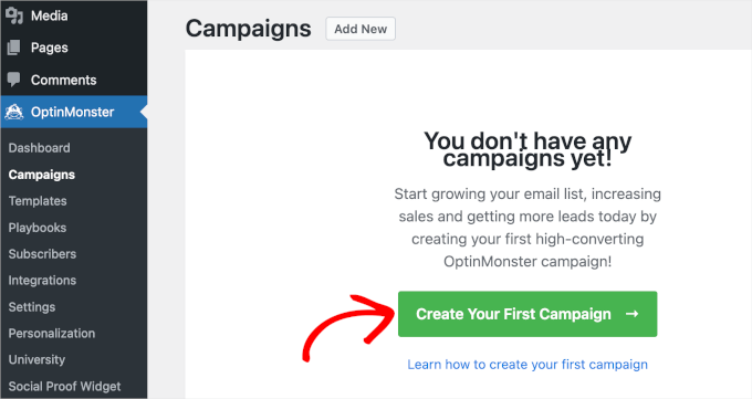optinmonster-campaigns-createnewcampaign OptinMonster's Create Your First Campaign button