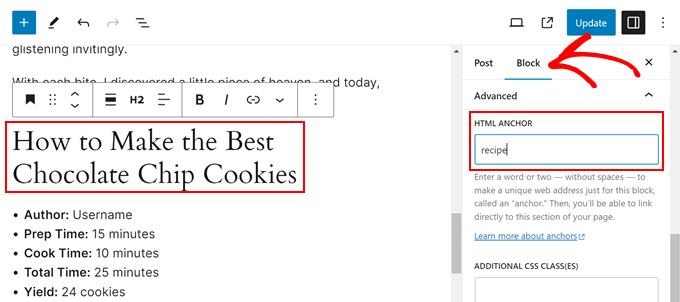 Adding an anchor link to the recipe section Adding an anchor link to the recipe section