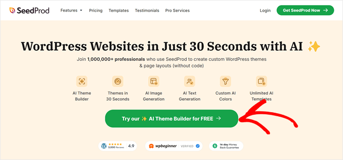 Hacer clic en el botón 'Try AI Theme Builder' en la página de destino de SeedProd Hacer clic en el botón 'Try AI Theme Builder' en la página de destino de SeedProd
