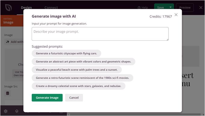 Insertar un prompt para el generador de imágenes IA de SeedProd Insertar un prompt para el generador de imágenes IA de SeedProd