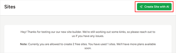 Hacer clic en el botón 'Create Site with AI' en SeedProd Hacer clic en el botón 'Create Site with AI' en SeedProd
