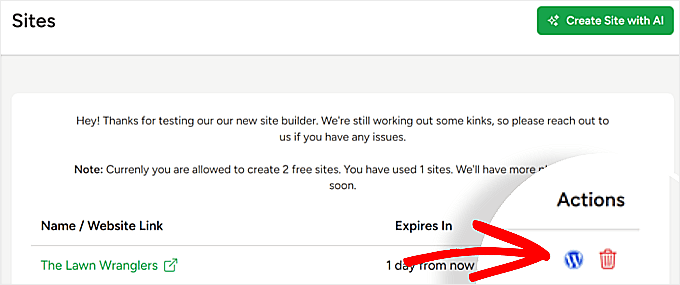 Hacer clic en el icono de WordPress en el panel de IA de SeedProd Hacer clic en el icono de WordPress en el panel de IA de SeedProd