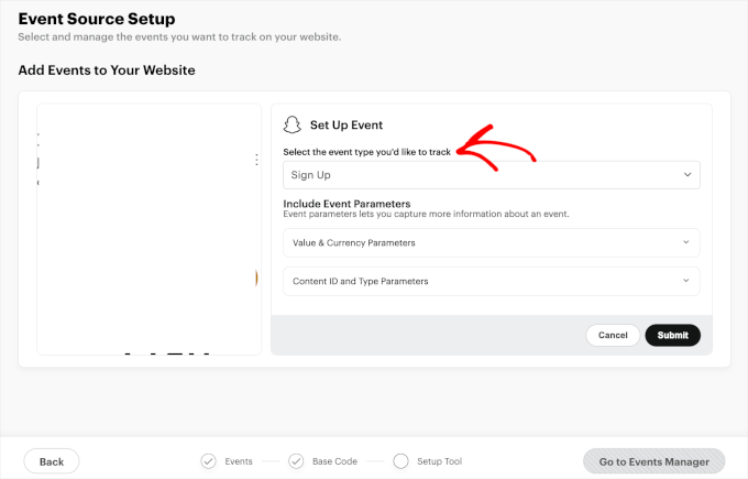 snapchat-pixelsetuptool-addevents Adding pixel events to a website
