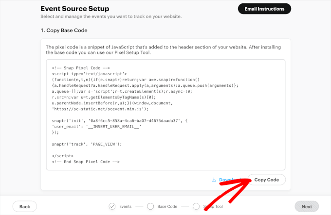 snapchat-pixelsetuptool-headercode The Snapchat Pixel base code's copy code button