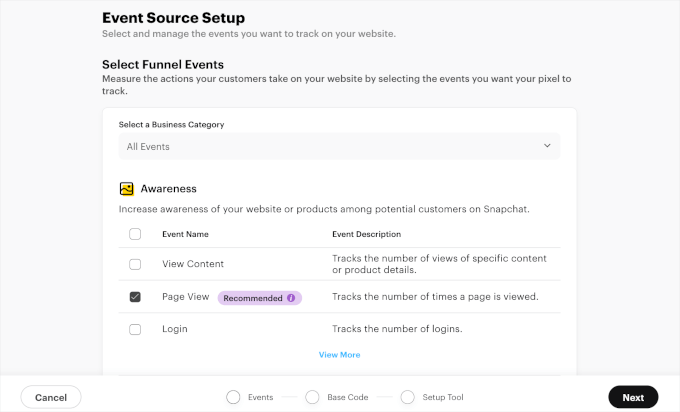snapchat-pixelsetuptool-selectfunnelevents Select funnel events for Snapchat Pixel