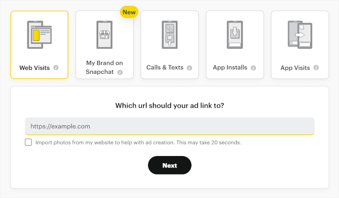 snapchat-setup-adgoals-siteurl Choosing goals and entering site URL in Snapchat