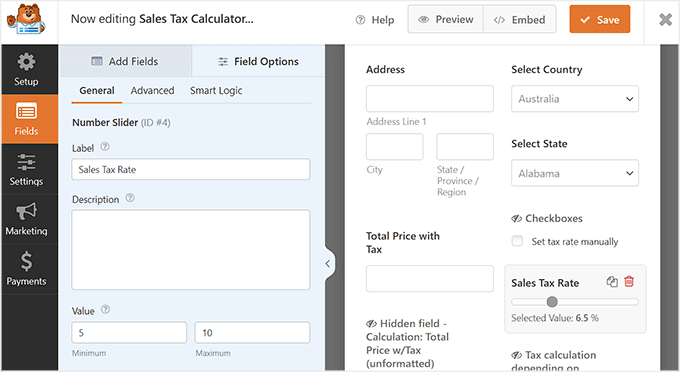 Tax calculator form template Tax calculator form template