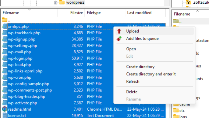 Upload core WordPress files Upload core WordPress files