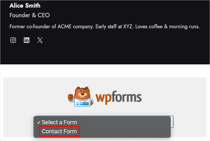 wordpress-blockeditor-addblock-wpforms-selectformthedropdownfield The Contact Form option in the WPForms' block's dropdown