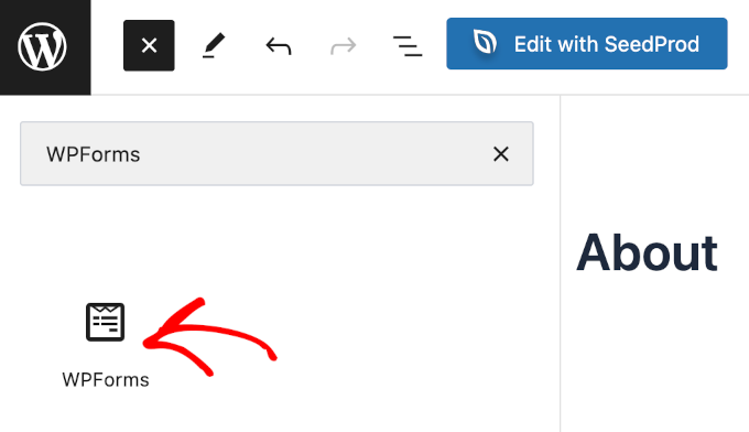 wordpress-blockeditor-addblock-wpforms The WPForms block to add to the WordPress block editor