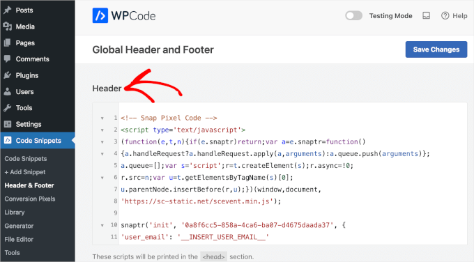 wordpress-codesnippets-headerfooter-header Pasting the Snapchat Pixel base code to WPCode Header section