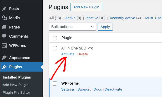 wordpress-dashboard-plugins-installedplugins-activate The Activate button under a plugin's name