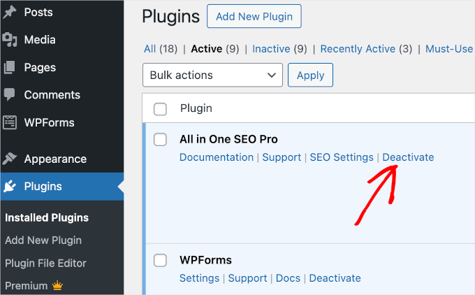 The Deactivate button under a plugin's name The Deactivate button under a plugin's name