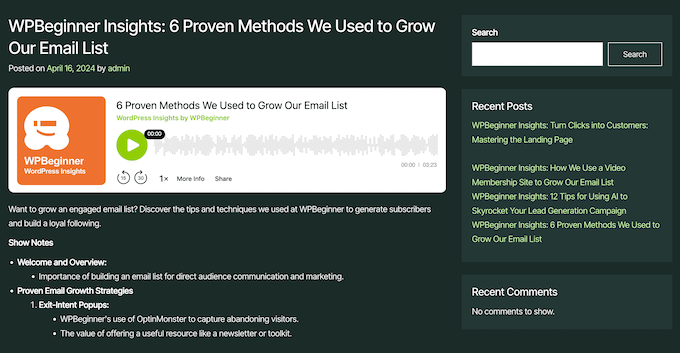 Ett exempel på ett podcastavsnitt, tillagt i WordPress med hjälp av Podcast Importer-pluginet