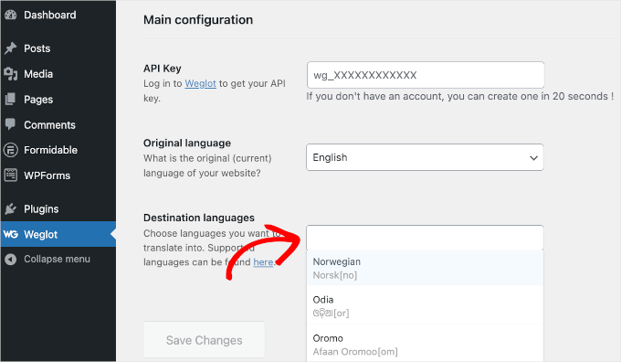 wordpress-weglot Weglot's Main Configuration area with a Destination Languages field