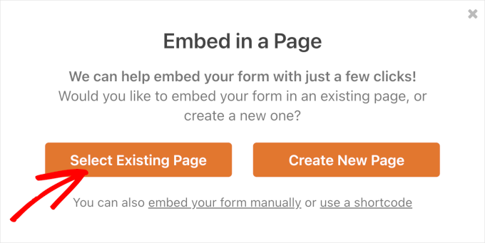 wordpress-wforms-embedwizard-selectexistingpage The Select Existing Page button when embedding a form from WPForms