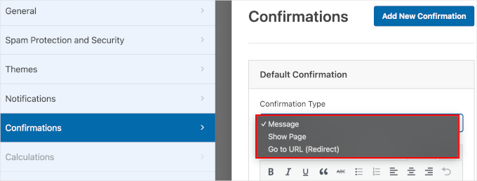 wordpress-wforms-settings-confirmationtype The Confirmation Type field in WPForms' Confirmations section in the Settings panel
