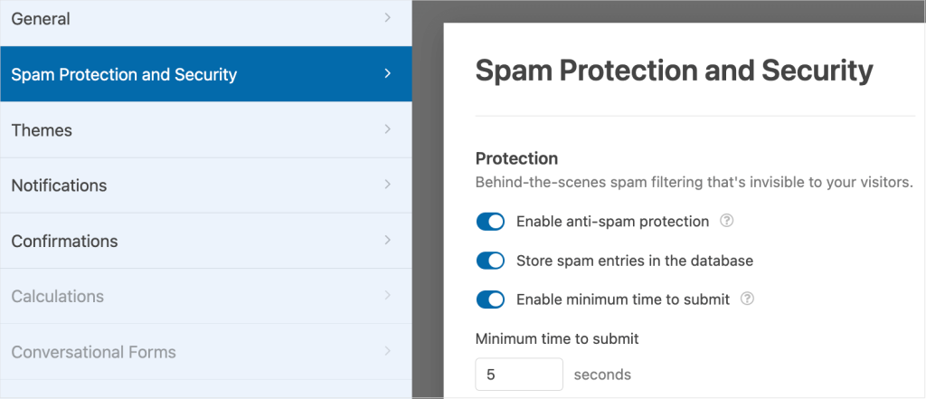 wordpress-wpforms-edit-settings-spamprotectionandsecurity The Spam Protection and Security section in WPForms