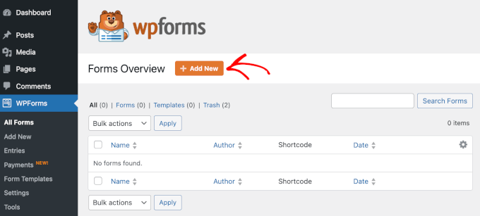 wordpress-wpforms-formsoverview-addnew The + Add New button on WPForms' Forms Overview