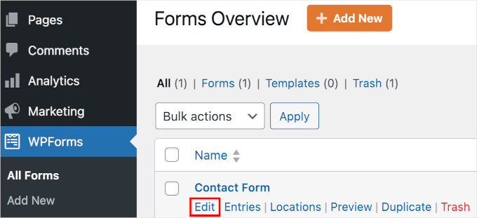 wordpress-wpforms-formsoverview-editbutton 1 The Edit button to edit a form