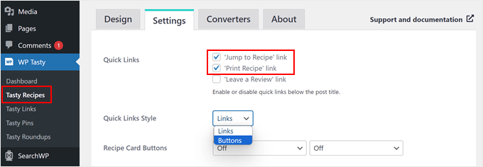The Jump Recipe button settings in WP Tasty The Jump Recipe button settings in WP Tasty