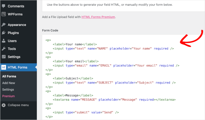 wpadminarea-htmlforms-addnew-editform-formcode HTML Forms' pre-built form code