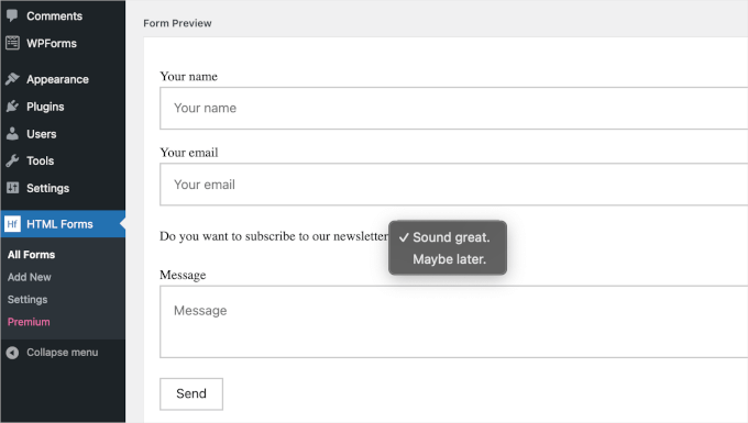 wpadminarea-htmlforms-addnew-editform-formpreview HTML Forms preview