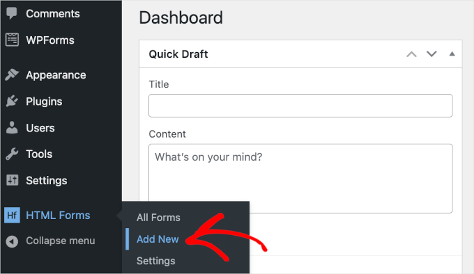 wpadminarea-htmlforms-addnew HTML Forms' add new button