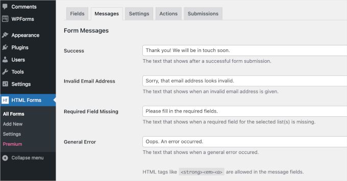 wpadminarea-htmlforms-messages Pre-made copy in HTML Form's messages settings