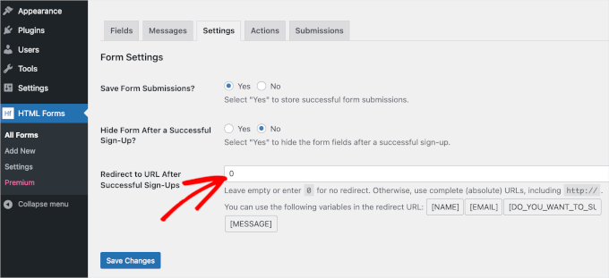 wpadminarea-htmlforms-settings HTML Forms' settings tab