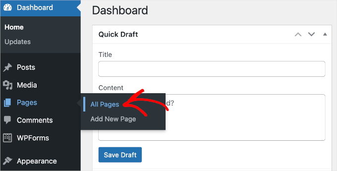 wpadminarea-pages-allpages The All Pages menu item in the WordPress admin area
