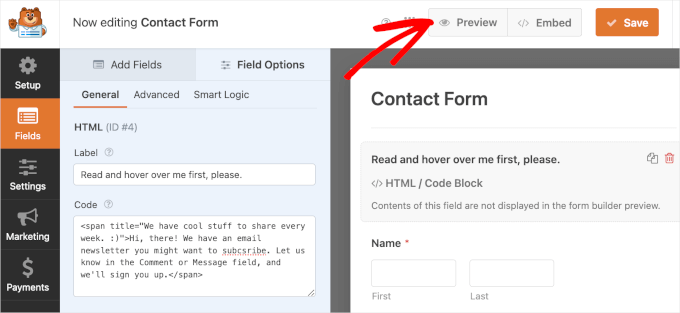 wpadminarea-wpforms-addnew-contactform-htmlfield-preview WPForms' preview button