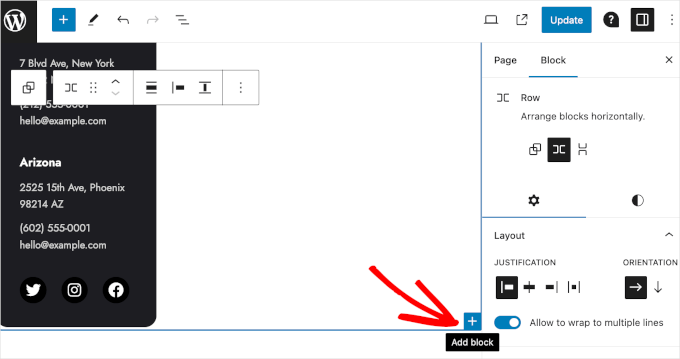 wpblockeditor-contactpages-addblock The add new block button for adding a block in WordPress block editor