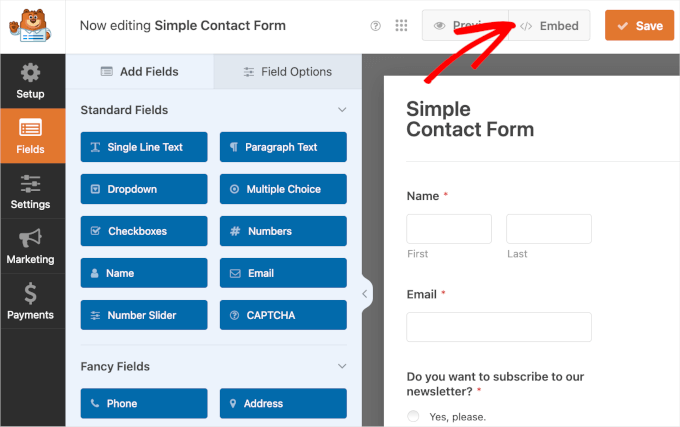 wpforms-builder-embed The Embed button in WPForms form builder