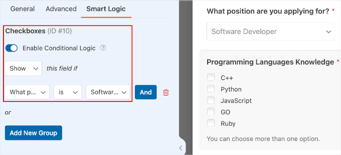 wpforms-jobapplicationform-dropdownfield-programminglanguage-smartlogic Conditional logic for candidates applying for the software developer position