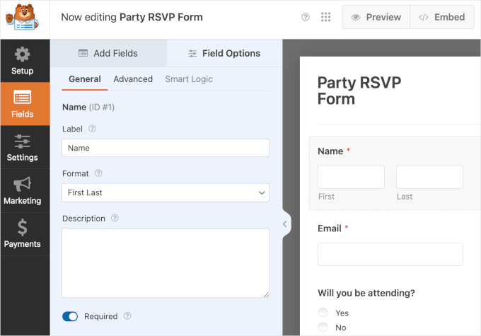 wpforms-partyrsvptemplate-formbuilder WPForms' form builder for editing Party RSVP Form