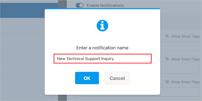 wpforms-supportform-settings-notifications-addnew The pop-up window for naming a new notification