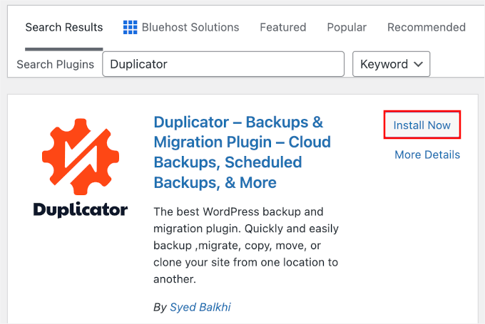 Installing Duplicator in WordPress