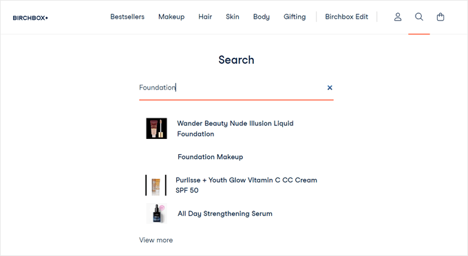 Example of a good search function by Birchbox Example of a good search function by Birchbox