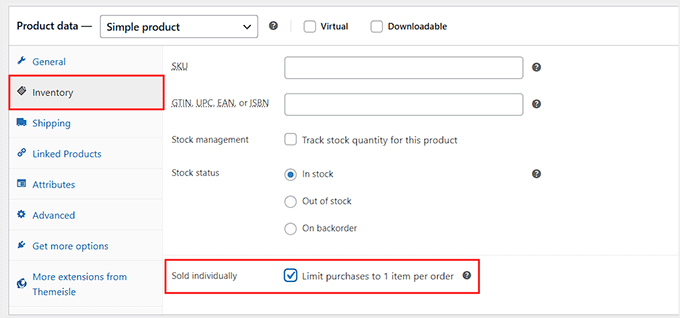 Check the 'Sold Individually' box in WooCommerce