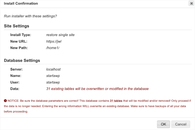 Install Confirmation popup