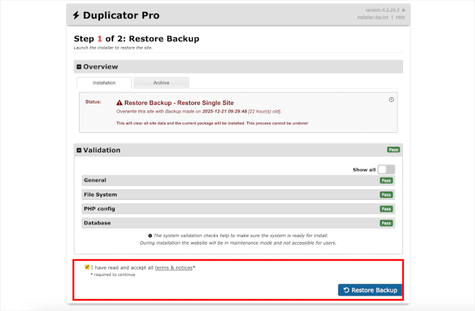 Reviewing the notice to restore backup