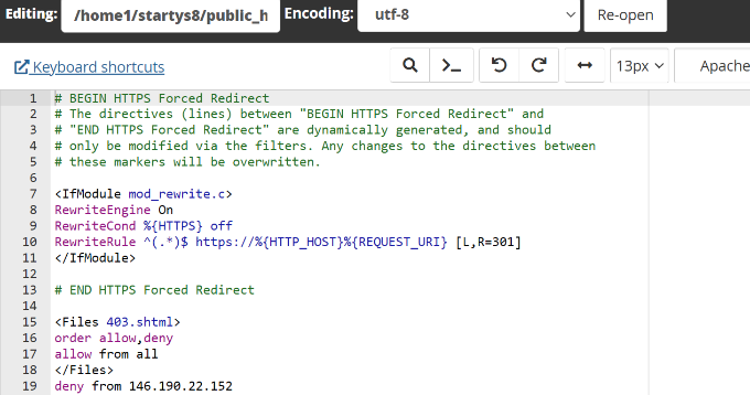 htaccess-Datei im Dateimanager-Editor bearbeiten